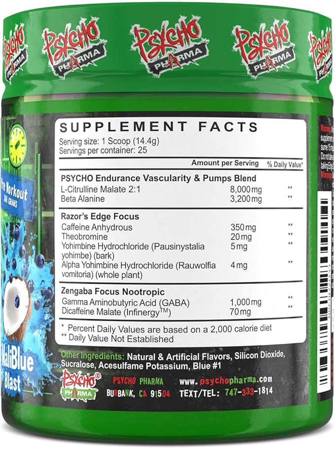 Psycho Pharma New Perfect Powders with Zengaba Energy Feel Good Focus Edge of Insanity - Most Intense Workout Powder for Focus, Strength & Energy (MaliBlue Blast)