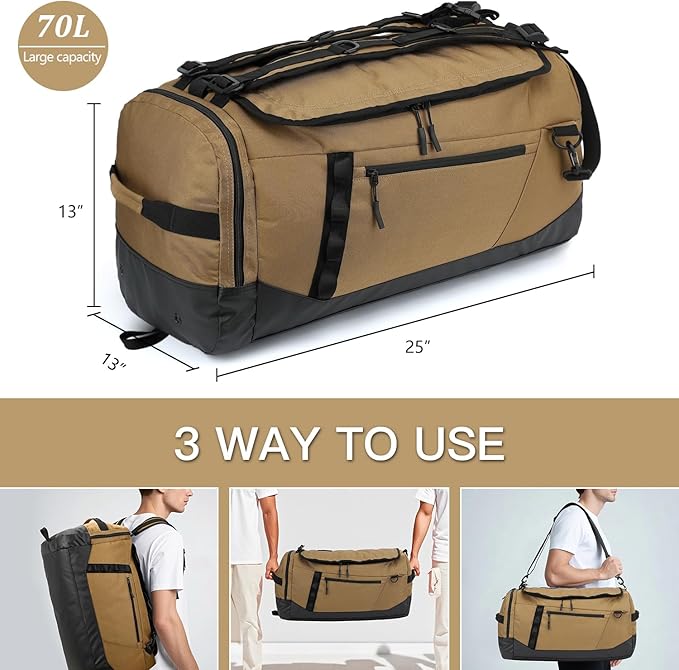 Large Travel Duffle Bag Backpack for Men Women 70L Big Sports Gym Bag with Shoe Compartment Heavy Duty Duffel Bags with Padded Straps for Weekend Overnight Camping, Brown