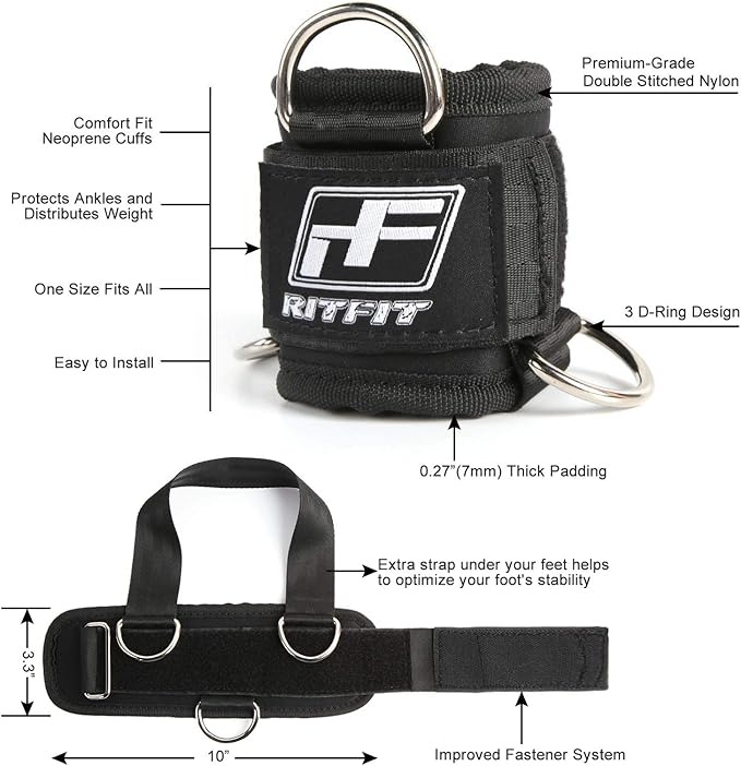 RitFit Kickback Ankle Straps Padded Ankle Strap for Cable Machine,Strong Hook and Loop,Reinforced 3 D-Ring, Adjustable Comfort fit Neoprene - Premium Ankle Cuffs to Enhance Abs, Glute & Leg Workouts
