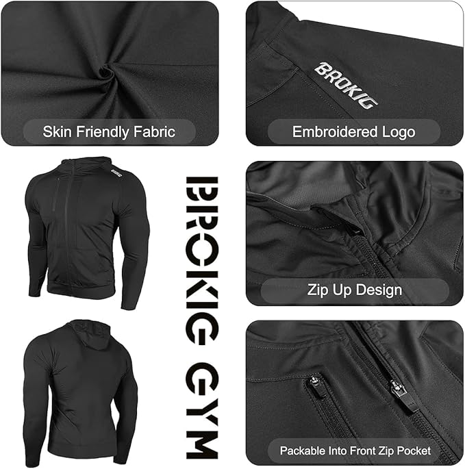 BROKIG Mens WindBreak Lightweight Running Jackets with Zip Pocket, Workout Track Hoodie Athletic Gym Sweatshirts Men