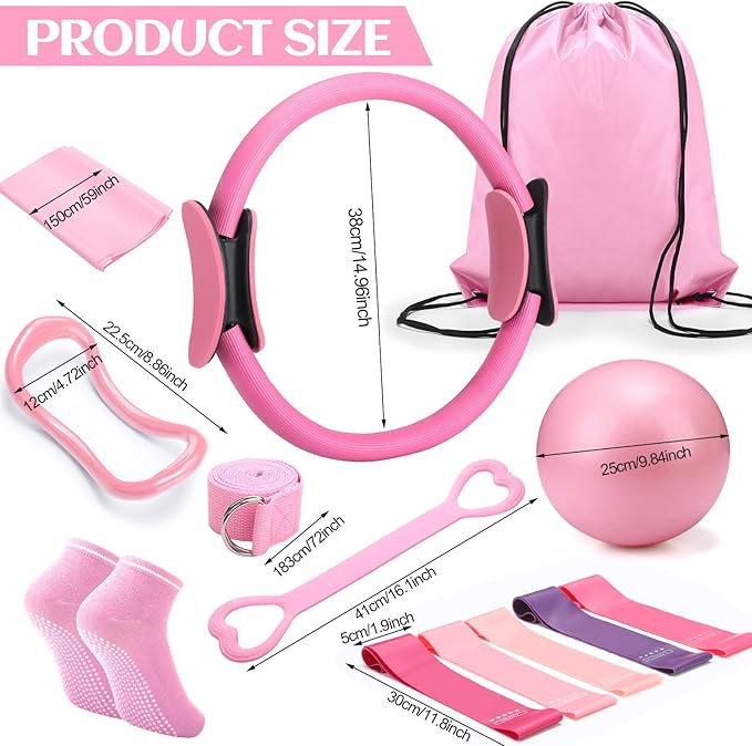 Pilates Ring Circle Set 18 Pcs Exercise Equipment Accessories for Women Workouts Pilates Ball Stretching Strap Magic Circle Yoga Ring Gym Back Bag Resistance Band Anti Slip Socks