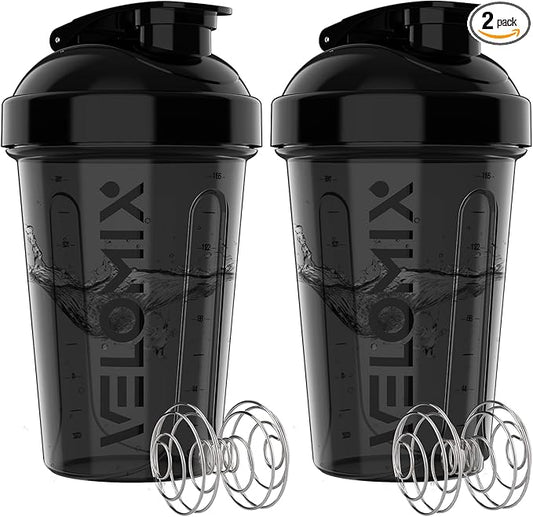 VELOMIX -2 Pack- 20 oz Protein Shaker Bottles for Protein Mixes - 2x Wire Whisk | Leak Proof Shaker Cups for Protein Shakes and Pre Workout | Protein Shaker Bottle Pack (Onyx Set)