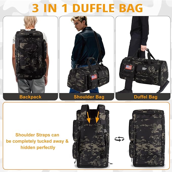 Expandable Gym Bag For Men,Tactical Large 3 in 1 Sports Duffle Bag With Shoes Compartment,Water Resistant Sports Gym Tote Bags Multi-functional Weekend Travel Backpack Overnight Bag
