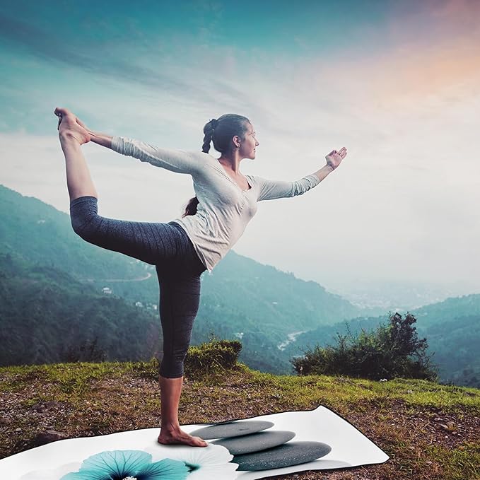 QiyI Large Yoga Mat Towel with Corner Pockets, Non Slip Sweat Absorbent Hot Yoga Towels, Soft Yoga Blankets Skidless Mat Cover for Workout, Gym, Fitness - 74"x26", Pebbles & Blue White Flowers