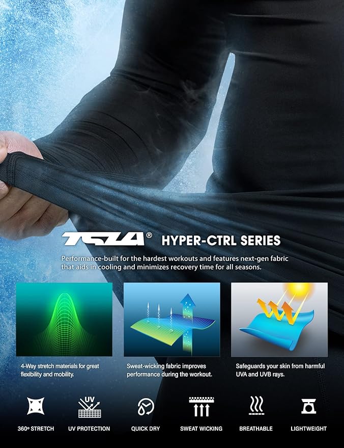 TSLA Men's UPF 50+ Compression Shirts, Cool Dry Long Sleeve Athletic Tops, Sports Baselayer Workout Shirt