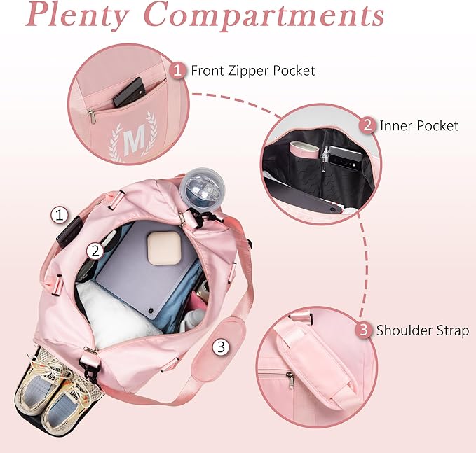Gym Bag for Women, Personalized Duffle Bag with Shoe Compartment, Sports Bag for Yoga & Dance with Wet Pocket and Mat Strap