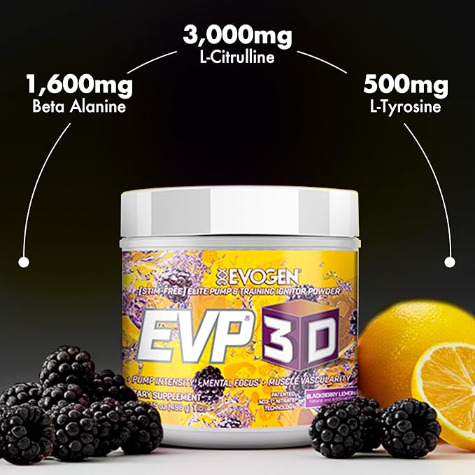 Evogen EVP-3D | Extreme Pre-Workout Pump Ignitor, Arginine Nitrate, Citrulline, Beta-Alanine, Lions Mane | BlackBerry Lemonade | 40 Servings