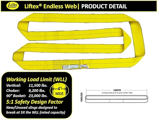 LIFTEX® - Trusted Since 1955 | 4" x 30', 1-Ply Endless Polyester Lifting Sling (V:11500; C:9200; B:23000) | Lifting Rigging Moving Towing Hoisting