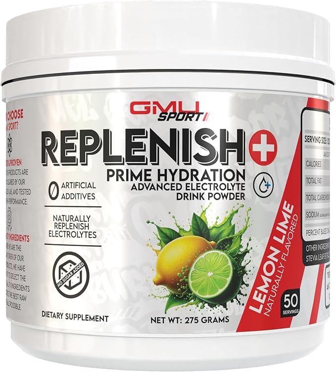 GMU SPORT Replenish+ Electrolyte Hydration Powder – Lemon Lime | 500mg Sodium | 50 Servings | Zero Sugar & Zero Calories