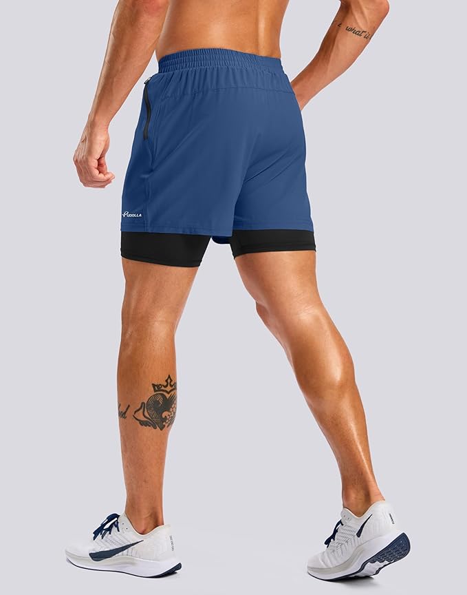 Pudolla Men's 7" Running Shorts with Zipper Pockets Quick Dry 2 in 1 Workout Gym Shorts with Liner for Tennis Yoga Training