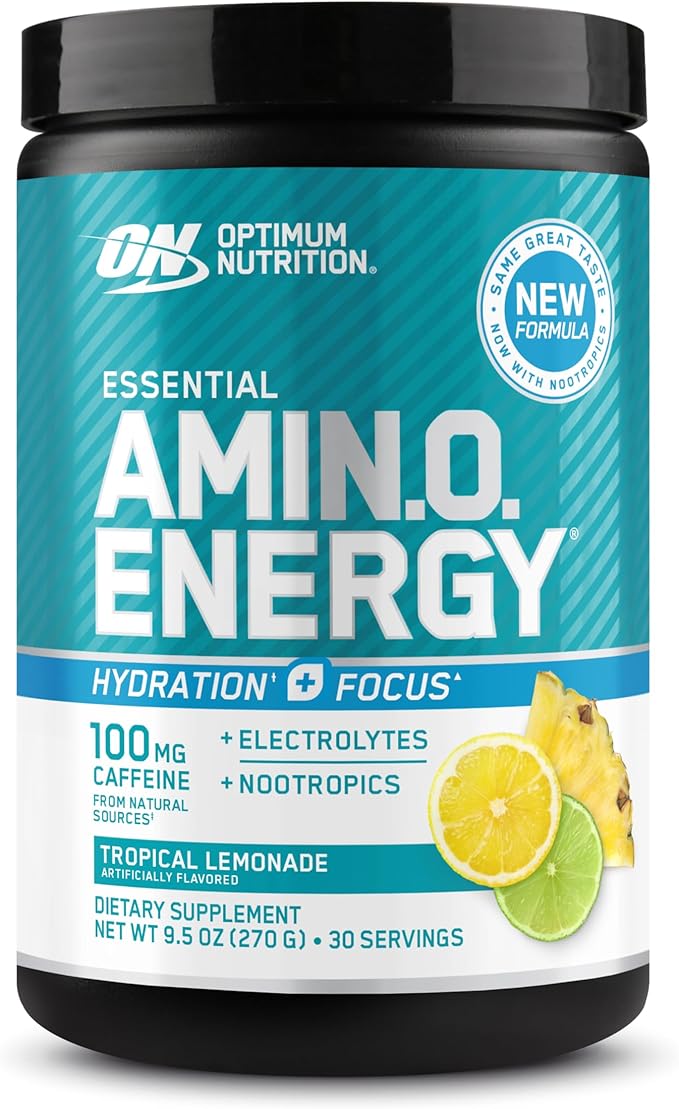 Optimum Nutrition Amino Energy Powder Plus Focus, with BCAA, Electrolytes, and Caffeine, Tropical Lemonade, 30 Servings (Packaging May Vary)