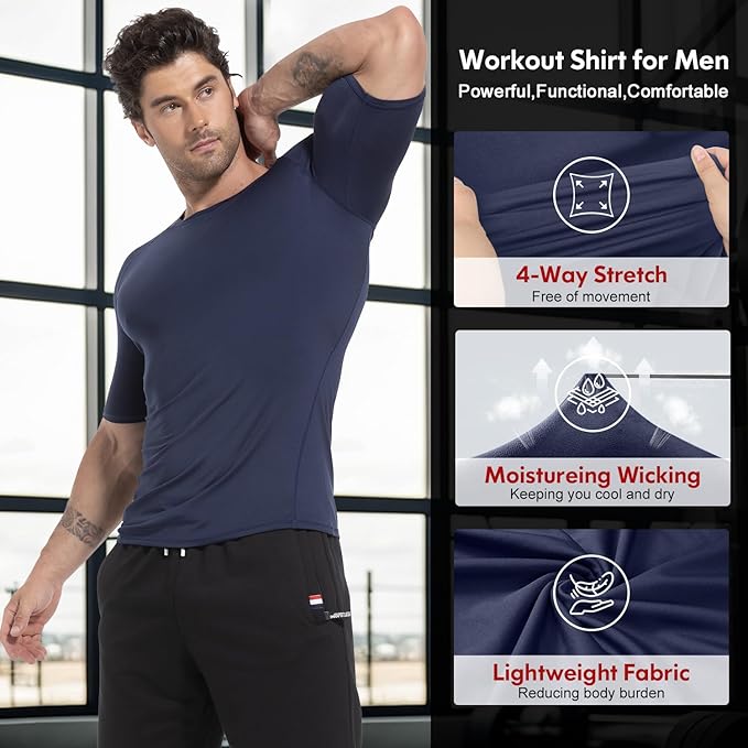 CL convallaria 4 Pack Compression Shirts Men Long Short Sleeve Cooling Dry Rash Guard Athletic Workout T Shirt for Sports