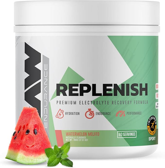 RAW Replenish, Premium Electrolytes Powder Recovery Formula, Watermelon Mojito (60 Servings) - Flavored Electrolyte Drink Mix Supplement for Hydration, Replenishment, Endurance & Performance Workouts