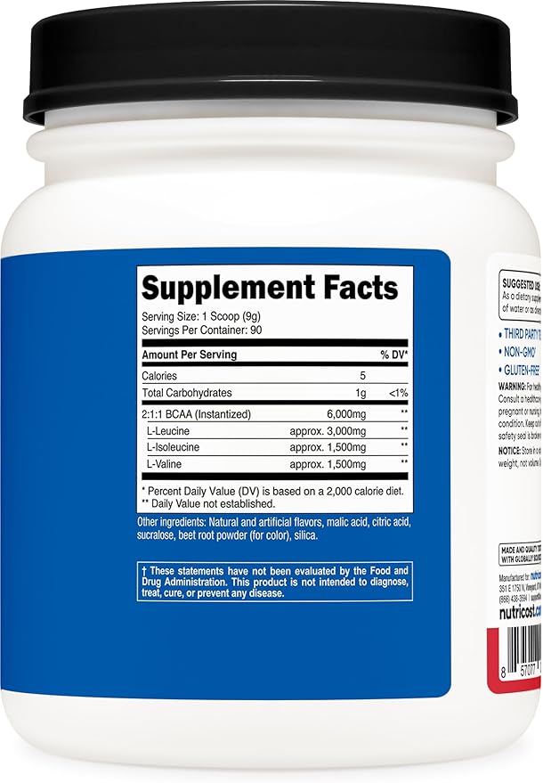 Nutricost BCAA Powder (Strawberry Kiwi, 90 Servings) - Optimal 2:1:1 Ratio