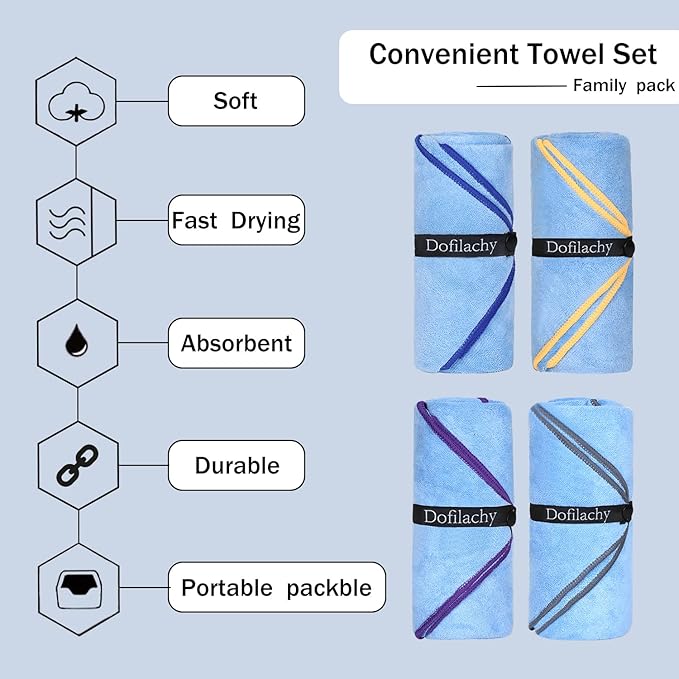 Dofilachy 4 Pack Camping Towel - Quick Dry Towel - Microfiber Travel Sports Towels - Super Absorbent Swim Towel (4, Blue-4)