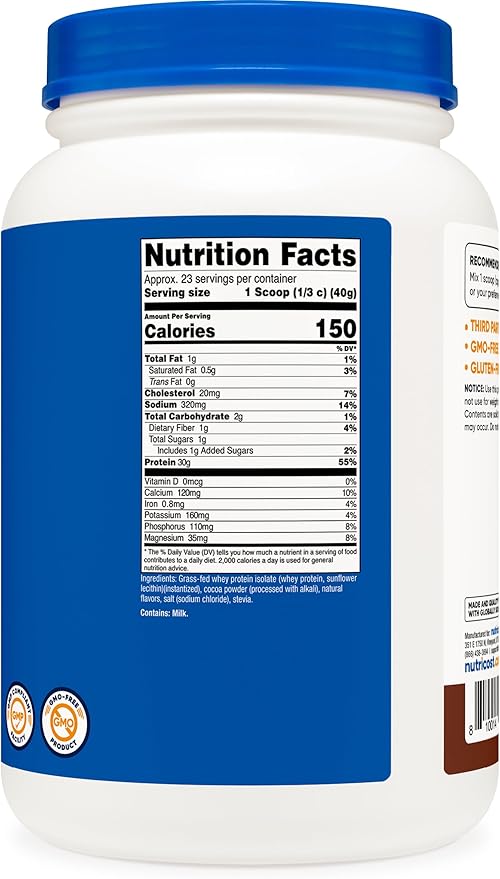 Nutricost Grass-Fed Whey Protein Isolate (Chocolate) 2LBS - Non-GMO, Gluten Free, Natural Flavors
