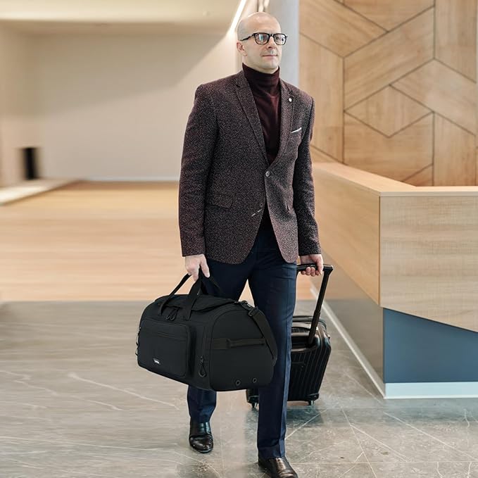 Large Travel Duffle Gym Bag with Shoe Compartment, Underseat Carry On Luggage Overnight Weekender Personal Item Workout Bags for Women Men (Black)