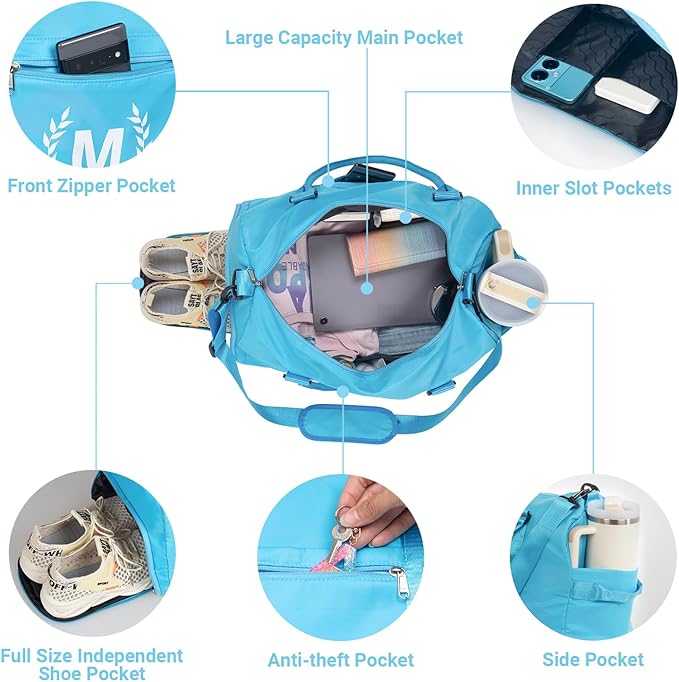 Gym Bag for Women, Personalized Duffle Bag with Shoe Compartment, Sports Bag for Yoga & Dance with Wet Pocket and Mat Strap(AquaBlue,K)