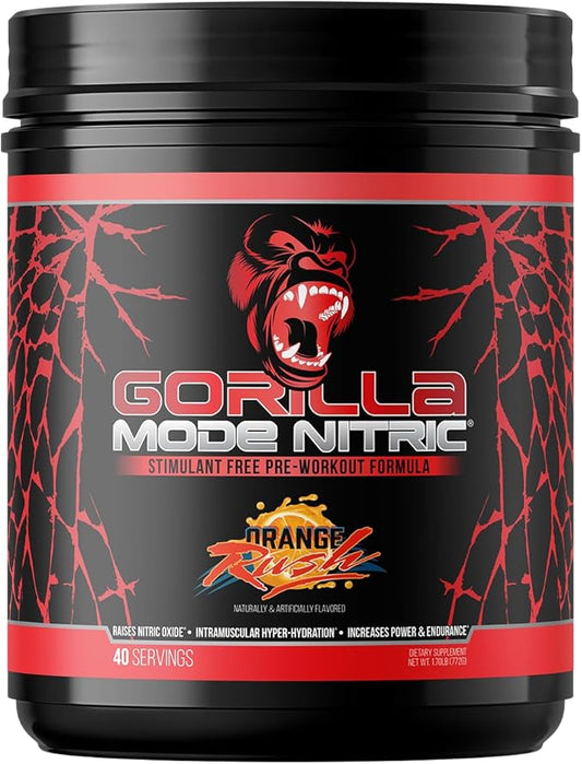 Gorilla Mind - Gorilla Mode Nitric Upgraded Stimulant Free Pre-Workout – Best Tasting and Most Effective Stimulant Free Pre-Workout/Massive Pumps · Vasodilation · Power / 772 Grams (Orange Rush)