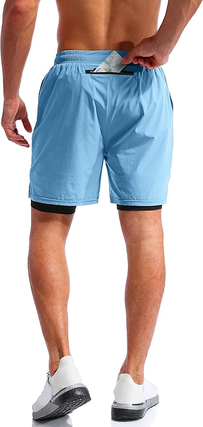 Pudolla Men’s 2 in 1 Running Shorts 5" Quick Dry Gym Athletic Workout Shorts for Men with Phone Pockets