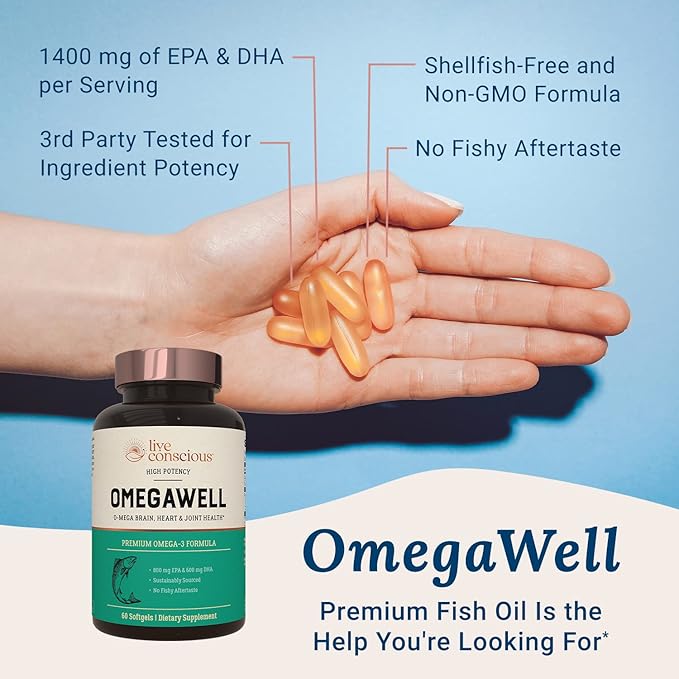 Live Conscious OmegaWell Omega 3 Fish Oil - 2000mg Capsules: Heart, Brain, & Joint Support - 800 mg EPA 600 mg DHA - Sustainably Sourced - Softgels - 30 Day Supply