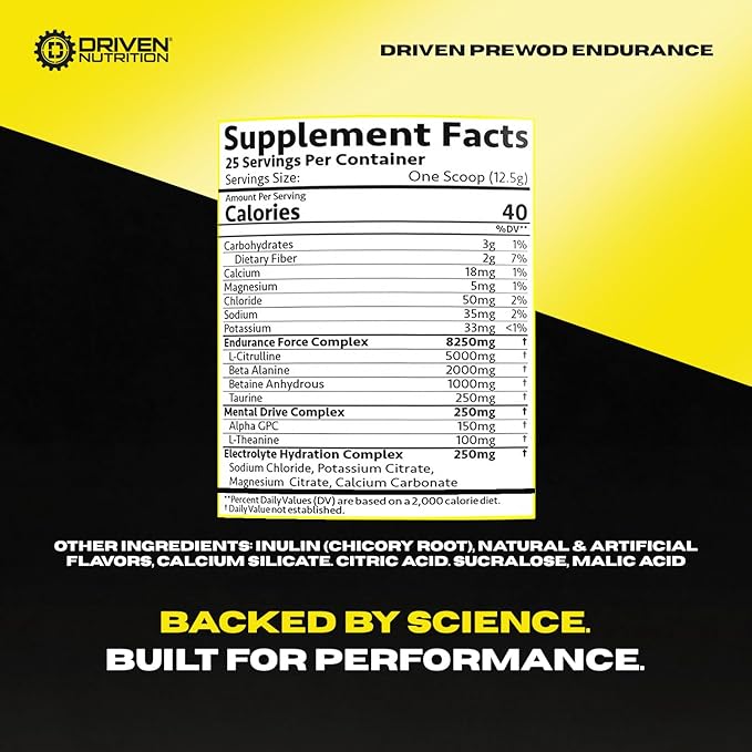 Driven PREWOD Caffeine-Free Pre-Workout – 25 Servings – Stimulant-Free Supplement with Beta-Alanine, Citrulline & Electrolyte Support – Focus, Endurance & Strength for High-Intensity Training