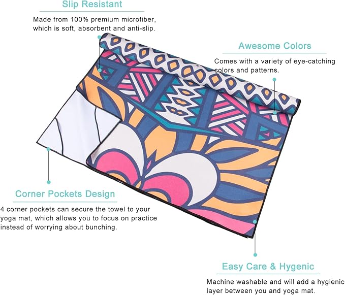 QiyI Yoga Mat Towel with Corner Pockets, Non Slip Sweat Absorbent Hot Yoga Towels, Soft Yoga Blankets with Travel Bag, Skidless Mat Cover for Workout, Gym, Fitness - 70"x26", Festival Mandala