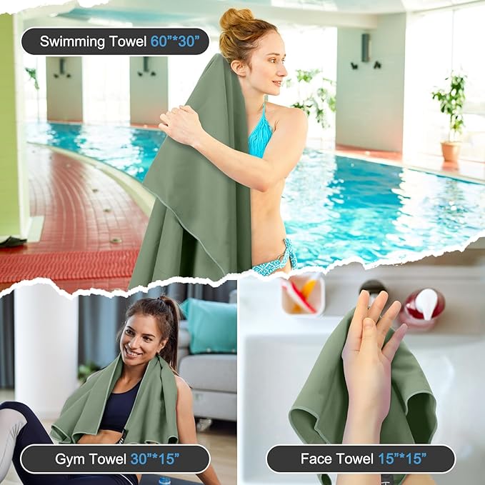Quick Dry Travel Towel, 3 Sizes 1 Pack Camping Microfiber Towel, Lightweight Fast Drying Towels Set 60"x30", 30"x15", 15"x15" w/Bag for Gym, Beach, Hiking, Swimming, Army Green