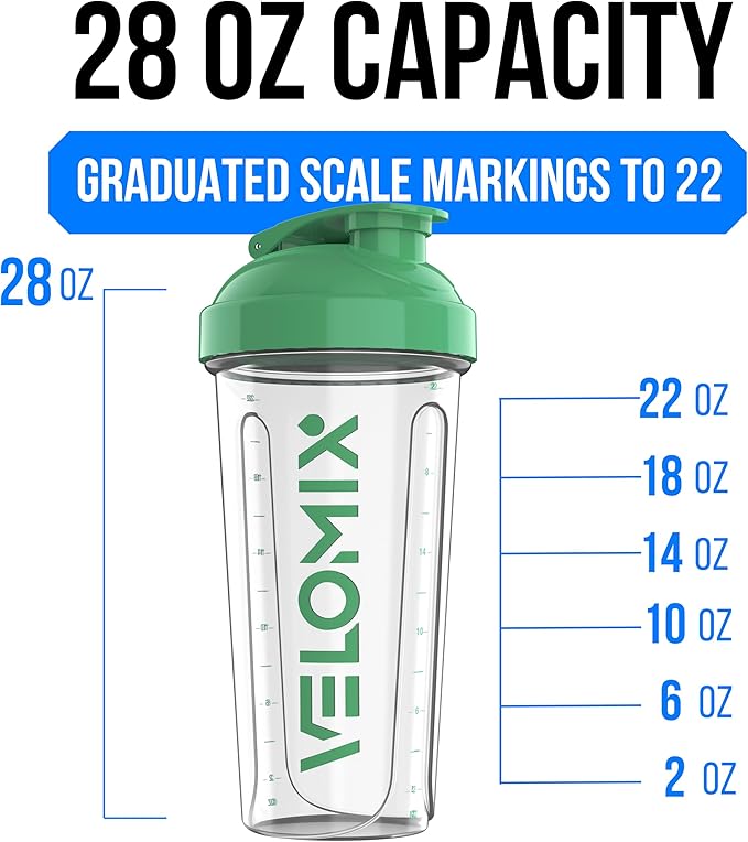VELOMIX -2 Pack- 28 oz Protein Shaker Bottles for Protein Mixes - 2x Wire Whisk | Leak Proof Shaker Cups for Protein Shakes | Protein Shaker Bottle | Shakers for Protein mix-Turquoise&Transparent