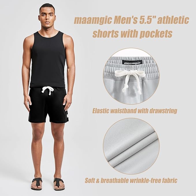 maamgic Mens Athletic Gym Shorts 5.5" Elastic Waist Casual Pajama Pocket Jogger Men Workout Short Pants