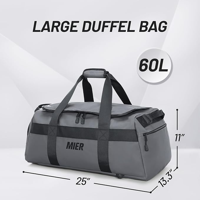 MIER Gym Bag for Men Large Duffel Backpack with Shoe Compartment, 60L Convertible Duffle Bags Weekender Overnight Bag for Gym Sports Travel, Gray