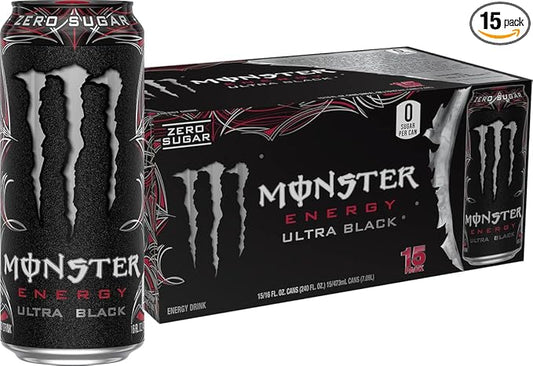 Monster Energy Ultra Black, Sugar Free Energy Drink, 16 Ounce (Pack of 15)