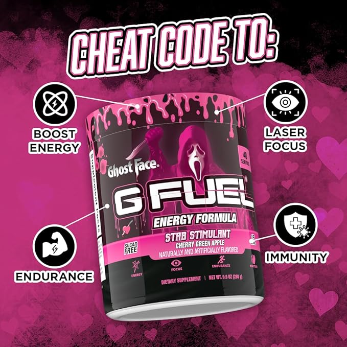 G Fuel Ghost Face Energy Drink Powder, Pre Workout Caffeine Mix for Gaming, Sugar Free Focus Amino, Vitamin + Antioxidants, 9.9oz (Cherry Green Apple, 40 Servings)