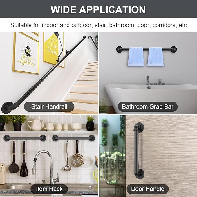 11.4FT Industrial Stair Railing Wall Mount Staircase Handrail φ1.3" Pipe Hand Rail for Steps Grab Bar Foot Rail Vintage Pipe Railing Black Deck Handrail for Outdoor Indoor Stairs Porch