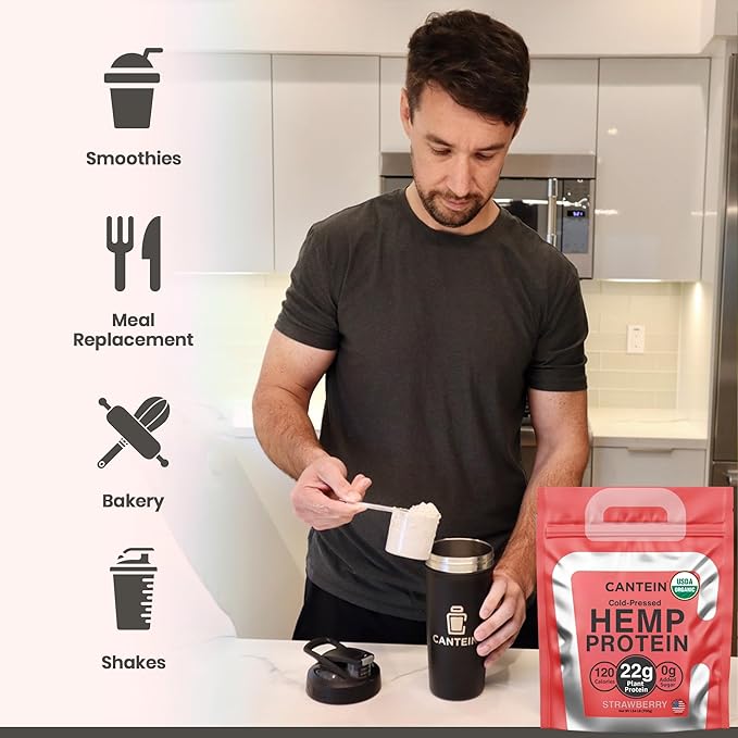 Organic Hemp Protein Powder, Plant Based and Vegan Protein Shake, Lactose and Dairy Free, Gluten Free, Clean and Natural- Strawberry (20 Servings)