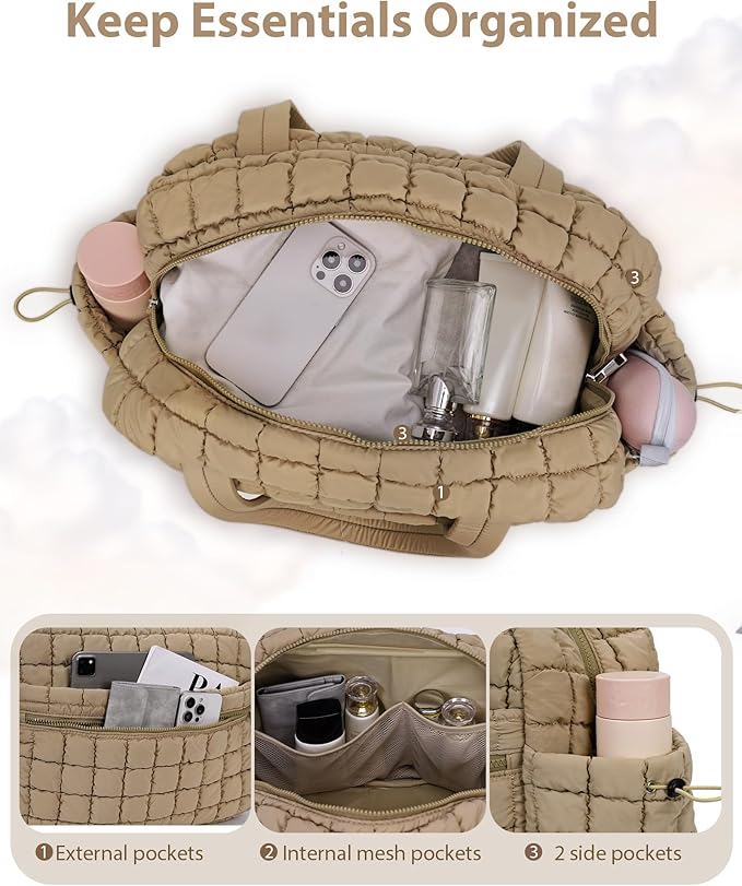 Quilted Duffle Bag for Women Cute Weekender Overnight Bags Lightweight Soft Puffer Travel Duffel Bags Carry On Gym Bag