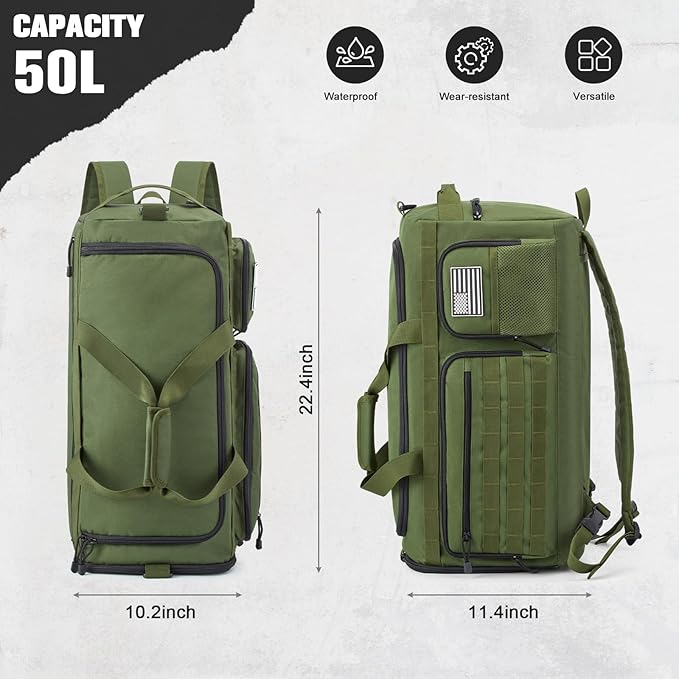 G4Free 3-in-1 Travel Duffle Bag for Men and Women, 50L Large Gym Sports Bags Tactical Military Duffle Backpack with Shoes Compartment and Wet Pocket (Green)