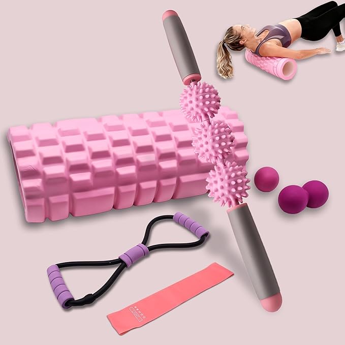Foam Roller Set for Muscle Massage – 13"x5" Yoga Roller, 16" Spiked Massage Stick, 2.4" Ball, 2.4"x4.7" Peanut Ball, 16" Figure-8 Band & 12" Resistance Band with Foam Handles for Fitness & Recovery