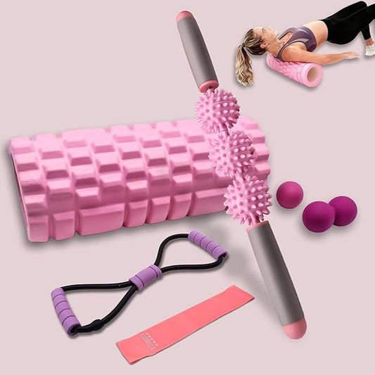 Foam Roller Set for Muscle Massage – 13"x5" Yoga Roller, 16" Spiked Massage Stick, 2.4" Ball, 2.4"x4.7" Peanut Ball, 16" Figure-8 Band & 12" Resistance Band with Foam Handles for Fitness & Recovery