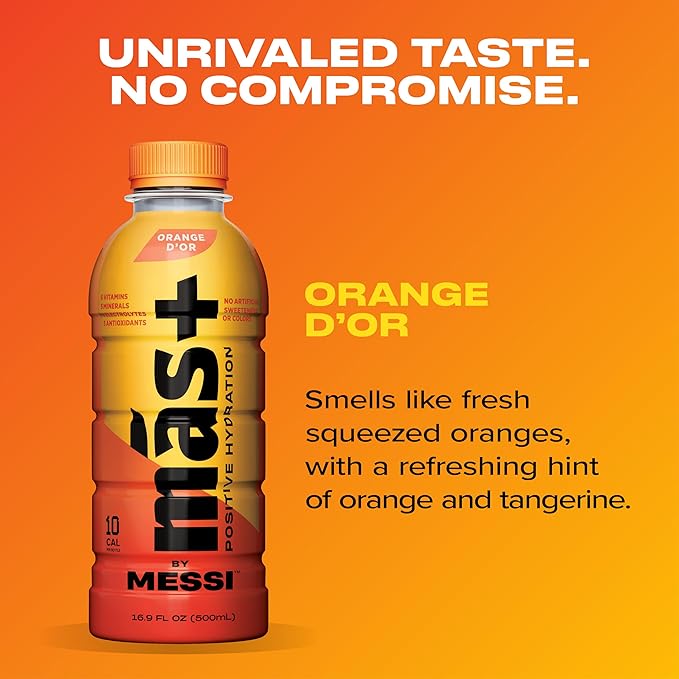 Más+ by Messi 16.9oz Orange d'Or, Sports Drink & Hydration Beverage, Natural Flavors with Vitamins and Electrolytes, No Artificial Sweeteners or Colors, 12-pack