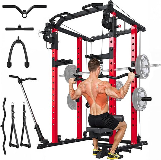 Power Squat Rack Cage Home Gym, 2000lbs All in One Dual Cable Crossover Machine with LAT Pulldown Strength Training Power Cages with Pulley Workout System, Garage Bench Press