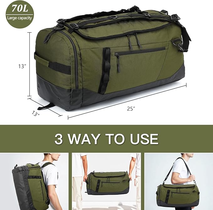 Large Travel Duffle Bag Backpack for Men Women 70L Big Sports Gym Bag with Shoe Compartment Heavy Duty Duffel Bags with Padded Straps for Weekend Overnight Camping, Green