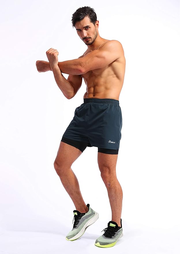 Pudolla Men’s 2 in 1 Running Shorts 5" Quick Dry Gym Athletic Workout Shorts for Men with Phone Pockets