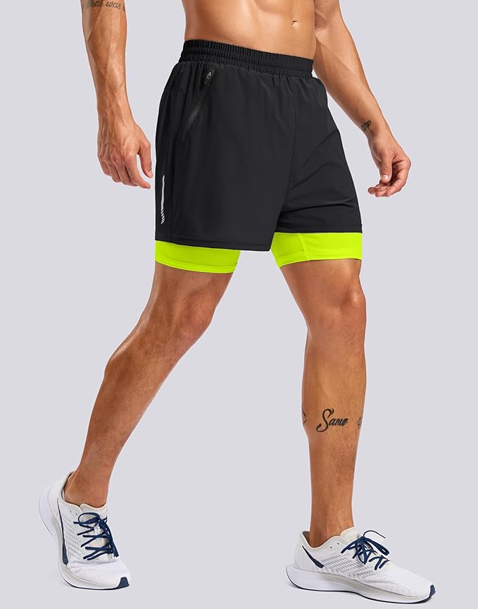 Pudolla Men's 7" Running Shorts with Zipper Pockets Quick Dry 2 in 1 Workout Gym Shorts with Liner for Tennis Yoga Training