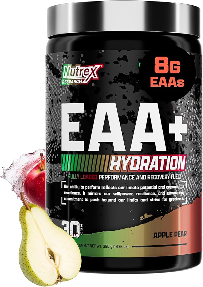 Nutrex Research EAA Hydration | EAAs + BCAAs Powder | Muscle Recovery, Strength, Muscle Building, Endurance | 8G Essential Amino Acids + Electrolytes | Apple Pear 30 Servings