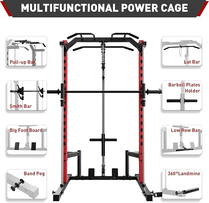 OPPSDECOR Power Cage Power Rack with LAT Pull Down Pulley System& Cable Row, Weight Cage with More Training Attachments, Multi-Functional Squat Rack for Home Gym System