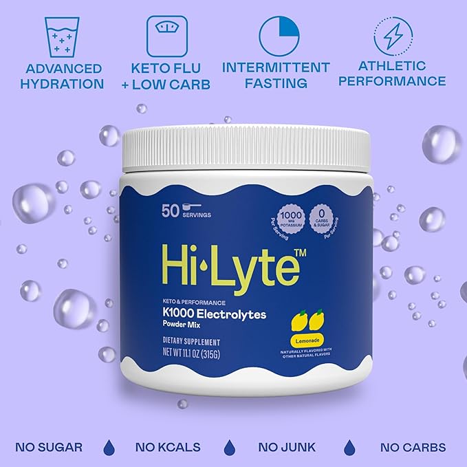 Hi-Lyte Keto K1000 Electrolyte Powder | Lemonade | Hydration Supplement Drink Mix | Boost Energy & Beat Leg Cramps | No Sugar, No Maltodextrin | 50 Servings