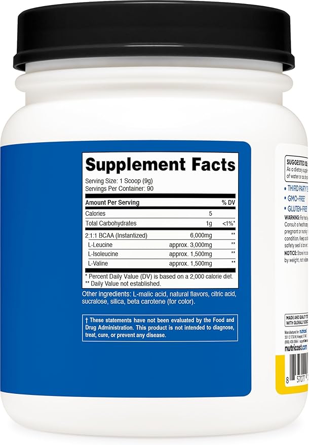 Nutricost BCAA Powder (Pineapple, 90 Servings) - Optimal 2:1:1 Ratio