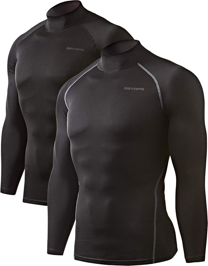 DEVOPS 2 Pack Men's Thermal Turtle Mock Neck Shirts, Compression Long Sleeve Tops and Hoodies
