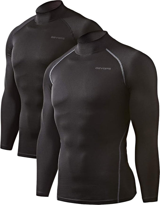 DEVOPS 2 Pack Men's Thermal Turtle Mock Neck Shirts, Compression Long Sleeve Tops and Hoodies
